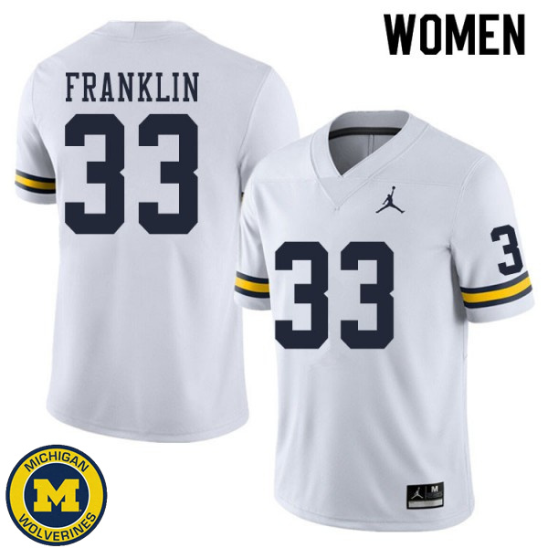 Womens University of Michigan #33 Leon Franklin White Embroidery Jersey